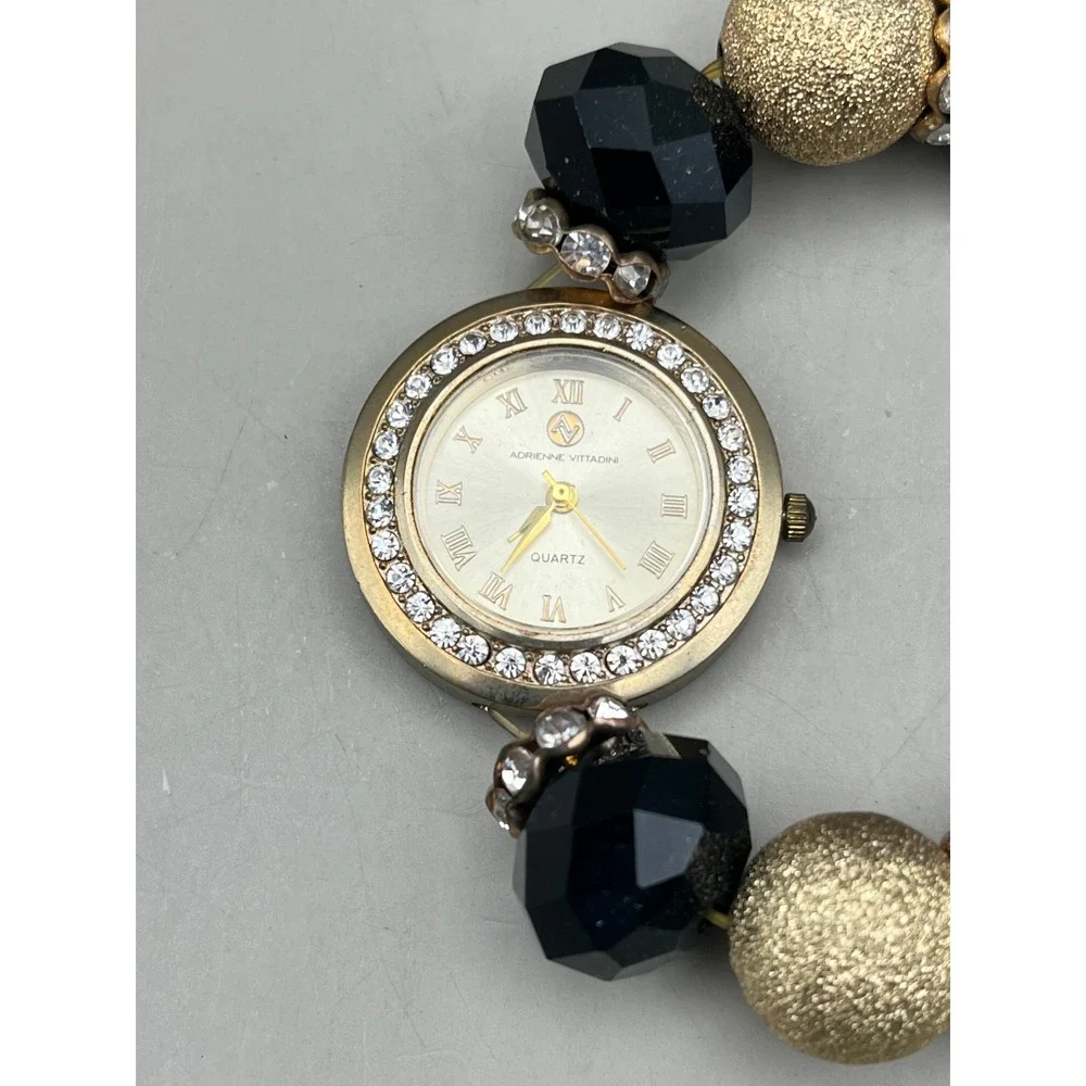 Adrienne Vittadini Women Quartz Watch Black Gold Bead Stretch Bracelet Untested